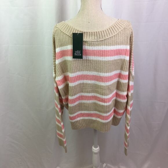 Wild Fable V Neck Striped Knit Sweater Tan Pink L - Picture 5 of 12
